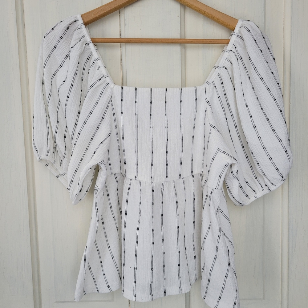 Madewell White Puff-sleeve Top with Black Stripes and Square Neckline, Size XS